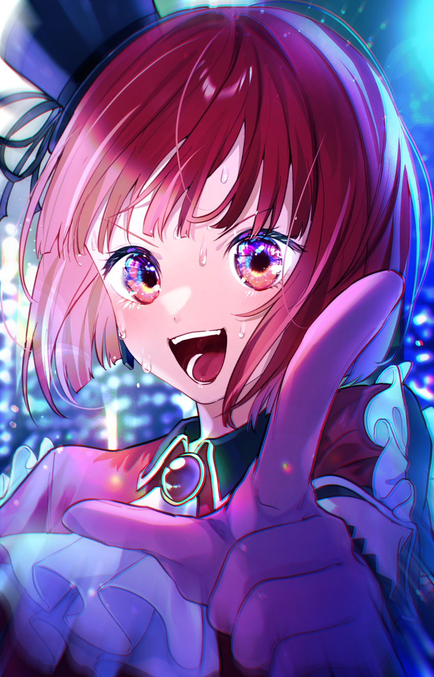 absurdres arima_kana commentary_request gloves happy hat highres idol idol_clothes kameria526 open_mouth oshi_no_ko pink_gloves red_eyes redhead school_uniform short_hair smile upper_body
