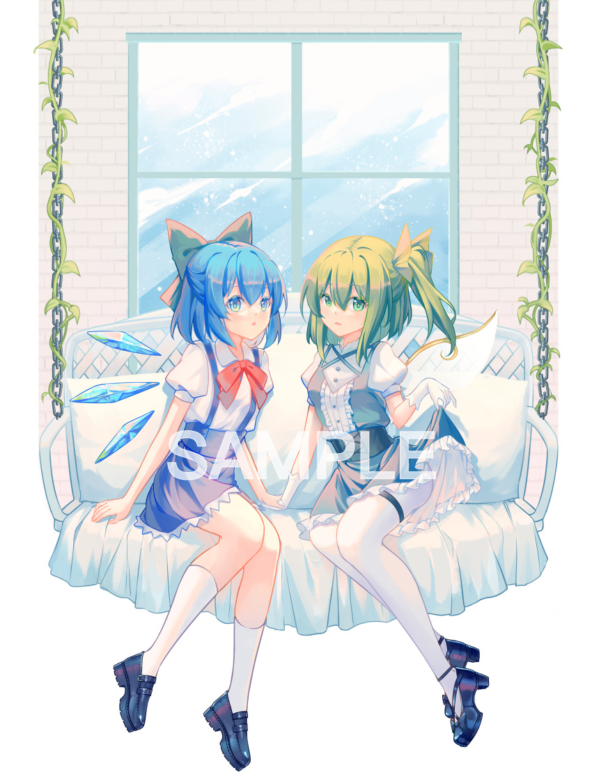2girls absurdres black_footwear blue_eyes blue_hair blue_skirt blush bow cirno collared_shirt daiyousei detached_wings fairy fairy_wings gloves green_bow green_eyes hair_between_eyes hair_bow highres ice ice_wings long_hair minuo multiple_girls pantyhose parted_lips puffy_short_sleeves puffy_sleeves sample_watermark shirt shoes short_hair short_sleeves side_ponytail skirt socks touhou watermark white_gloves white_pantyhose white_shirt white_socks wings