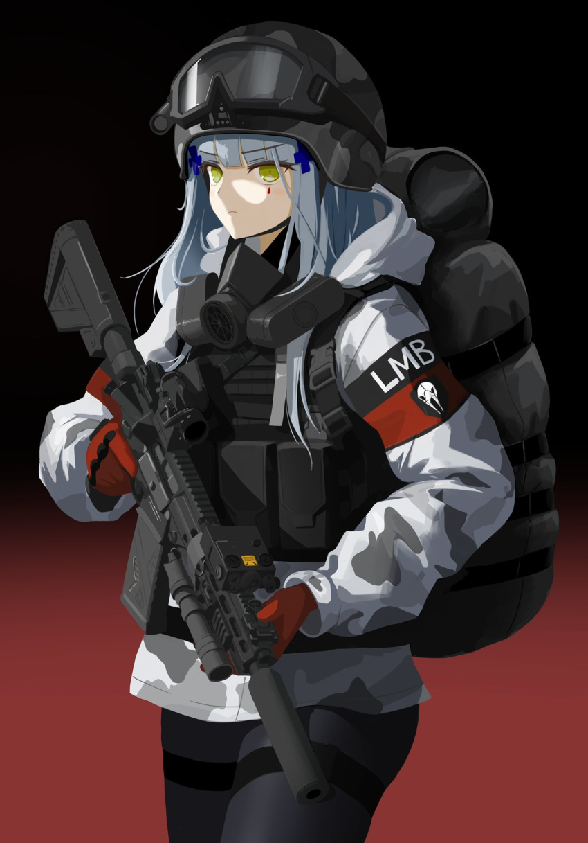 1girl arctic_camouflage assault_rifle backpack bag black_headwear black_pants blue_hair chest_rig gas_mask girls_frontline gloves gradient_background green_eyes gun h&amp;k_hk416 helm helmet highres hk416_(girls'_frontline) holding holding_weapon jacket mask optical_sight pants qwer_v2 red_gloves rifle serious solo suppressor two-tone_background weapon white_jacket