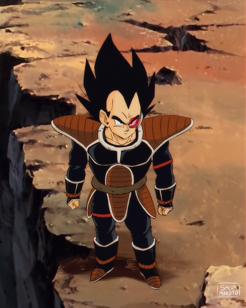 1boy absurdres alternate_costume armor black_eyes black_hair boots clenched_hands cliff commentary_request dragon_ball dragon_ball_z from_above full_body highres male_focus saiyan_armor salvamakoto scouter shoulder_armor signature solo spanish_commentary vambraces vegeta widow's_peak