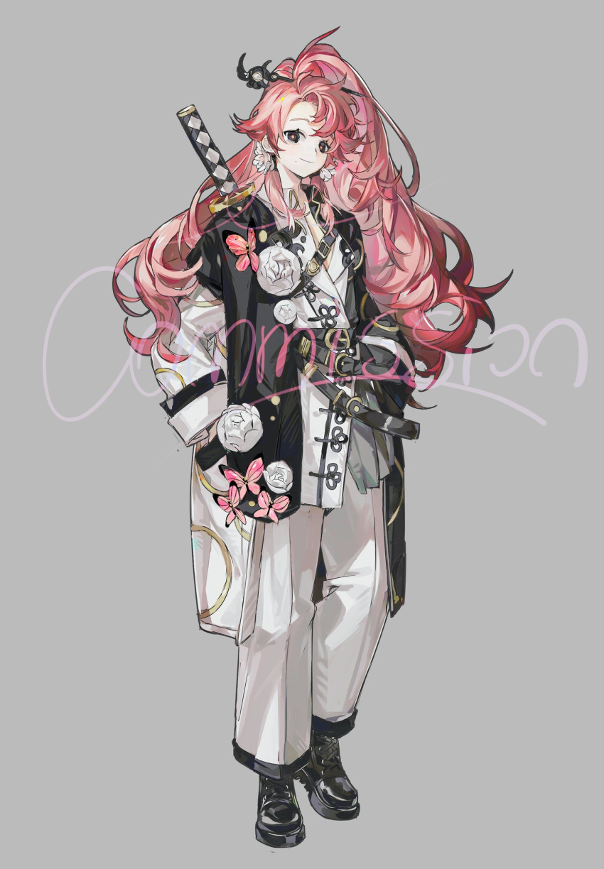 1girl belt black_eyes black_jacket bug butterfly closed_mouth commission earrings flower grey_background hair_between_eyes hand_in_pocket happybiirthd highres jacket jewelry katana long_hair long_sleeves looking_at_viewer mole mole_under_mouth original pants parted_bangs pink_hair simple_background smile solo standing sword watermark weapon white_flower white_pants