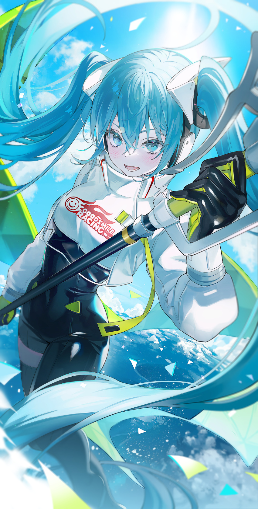 1girl absurdres bizet black_bodysuit black_gloves blue_eyes blue_hair blue_sky blush bodysuit breasts commentary covered_navel day earth_(planet) elbow_gloves feet_out_of_frame flag gloves hair_between_eyes hatsune_miku highres holding holding_flag long_bangs long_hair looking_at_viewer medium_breasts open_mouth outdoors planet racing_miku shirt sky smile solo standing sun twintails very_long_hair vocaloid white_shirt