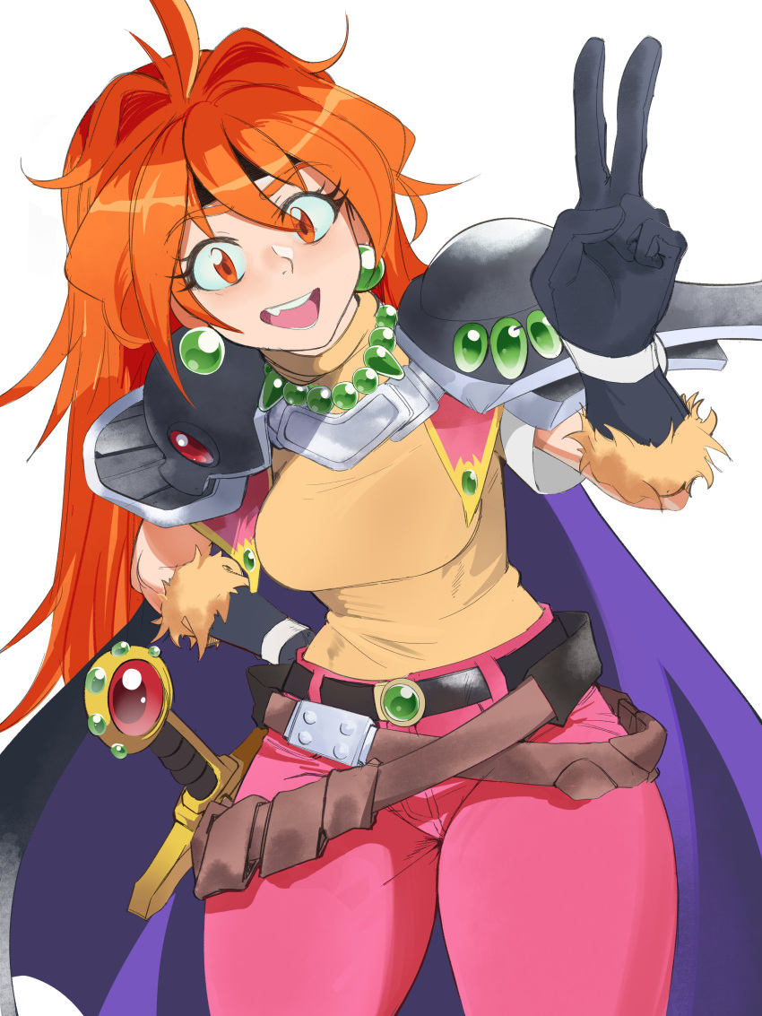 1girl absurdres ahoge armor belt black_gloves cape caprara cowboy_shot earrings fangs gem gloves green_gemstone hand_on_own_hip headband highres jewelry lina_inverse long_hair multiple_belts necklace open_mouth orange_eyes orange_hair pants pauldrons pink_pants purple_cape red_gemstone shirt short_sleeves shoulder_armor simple_background slayers solo sword teeth v weapon white_background yellow_shirt