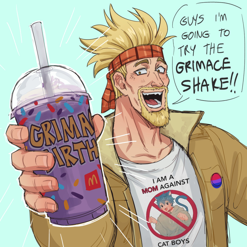 1boy :d absurdres bisexual_flag bisexual_flag_pin blonde_hair clothes_writing cup daxratchet disposable_cup drinking_straw english_text eyepatch facial_hair goatee grimace_shake_(meme) headband highres holding holding_cup looking_at_viewer male_focus mature_male mcdonald's meme milkshake mustache outstretched_arm pin print_shirt purple_liquid red_headband scene_reference shirt short_hair sideburns smile solo spiky_hair thick_eyebrows thorkell upper_body vinland_saga