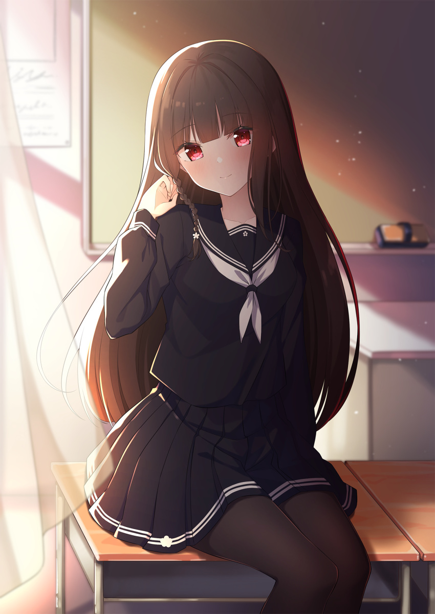 1girl black_pantyhose black_sailor_collar black_serafuku black_shirt black_skirt blush braid brown_hair chalkboard closed_mouth commentary_request commission curtains desk feet_out_of_frame hand_up highres long_hair long_sleeves looking_at_viewer neckerchief on_desk original pantyhose pixiv_commission pleated_skirt red_eyes sailor_collar school_desk school_uniform serafuku shirt single_braid sitting sitting_on_desk skirt smile solo taiyaki_(astre) transparent very_long_hair white_neckerchief