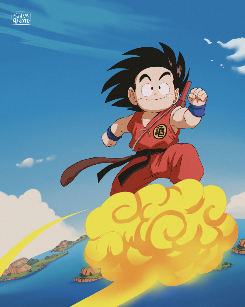 1boy absurdres anime_coloring black_eyes black_hair blue_sky clenched_hands clouds commentary_request dougi dragon_ball dragon_ball_(classic) flying_nimbus full_body highres male_focus monkey_tail nyoibo ocean plateau raised_eyebrows salvamakoto signature sky smile solo son_goku spanish_commentary tail wristband