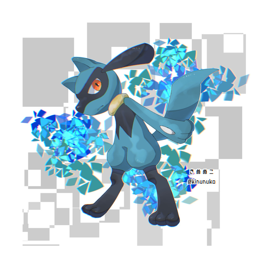 1boy animal_ears animal_feet animal_hands artist_name black_fur blue_fur body_fur chromatic_aberration closed_mouth commentary_request expressionless full_body furry furry_male head_tilt highres kinunuko looking_at_viewer male_focus partial_commentary pokemon pokemon_(creature) red_eyes riolu snout solo standing tail twitter_username two-tone_fur watermark wolf_boy wolf_ears wolf_tail