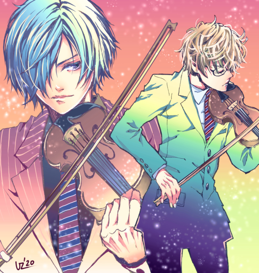 2boys ao_no_orchestra aono_hajime blonde_hair bow_(music) closed_eyes glasses gradient_background gradient_shirt hair_between_eyes hair_over_one_eye highres holding holding_instrument instrument kei_(aoxxbl) male_focus multiple_boys music necktie playing_instrument saeki_nao_(ao_no_orchestra) short_hair simple_background striped_necktie upper_body