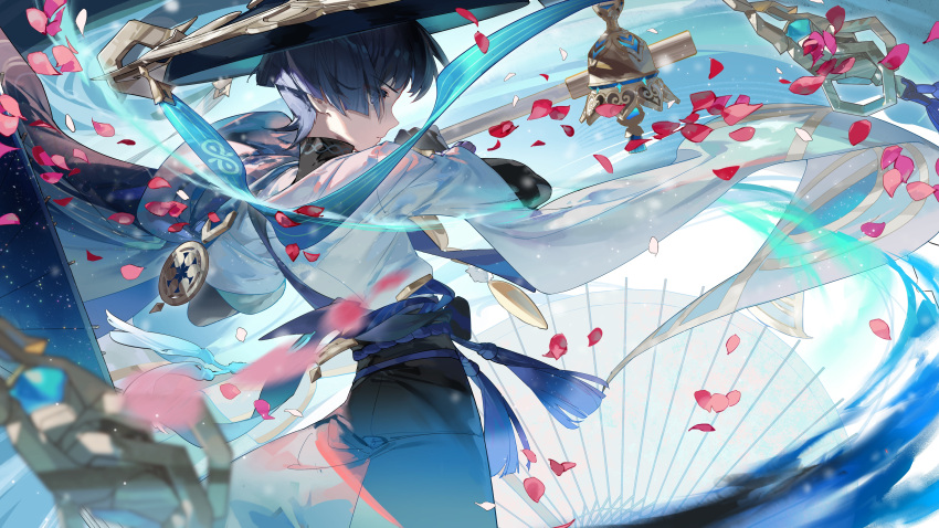 1boy absurdres armor bell blue_eyes blue_hair closed_mouth colorful falling_petals flower genshin_impact hair_between_eyes hat highres holding holding_staff japanese_armor japanese_clothes jingasa kote kurokote looking_to_the_side male_focus mandarin_collar outdoors parted_bangs petals rafaelaaa scaramouche_(genshin_impact) serious short_hair solo staff standing traditional_clothes