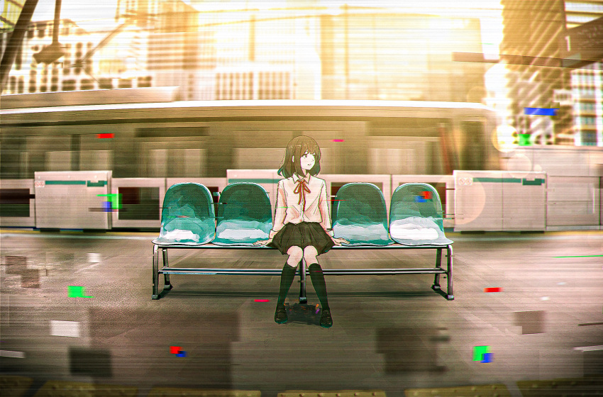1girl arms_at_sides bench black_footwear black_skirt black_socks brown_hair closed_mouth collared_shirt evening expressionless full_body glitch highres kneehighs knees_together_feet_apart long_bangs long_hair long_sleeves looking_to_the_side neck_ribbon oka_kojiro original outdoors pleated_skirt red_ribbon ribbon shirt shirt_tucked_in shoes sidelocks sitting skirt socks solo train train_station_platform white_shirt wide_shot