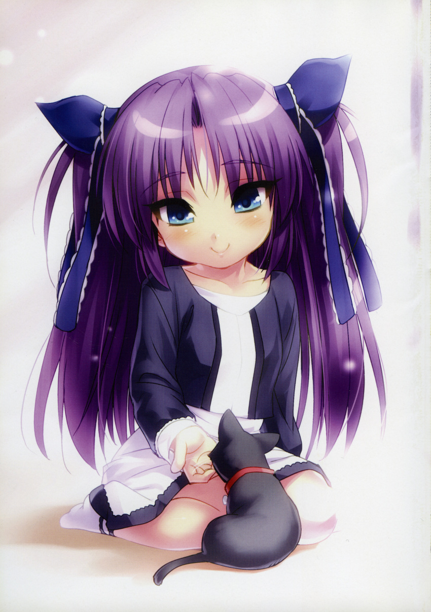 1girl absurdres aged_down black_cat black_jacket bloom blue_eyes blue_ribbon blush cat closed_mouth collarbone eyelashes female_child frilled_ribbon frills full_body hair_ribbon highres jacket little_busters! long_hair long_sleeves looking_at_animal looking_down miniskirt no_shoes open_clothes open_jacket parted_bangs purple_hair ribbon sasasegawa_sasami scan shirt simple_background sitting skirt smile socks solo straight-on two_side_up very_long_hair wariza white_background white_shirt white_skirt white_socks zen_(kamuro)