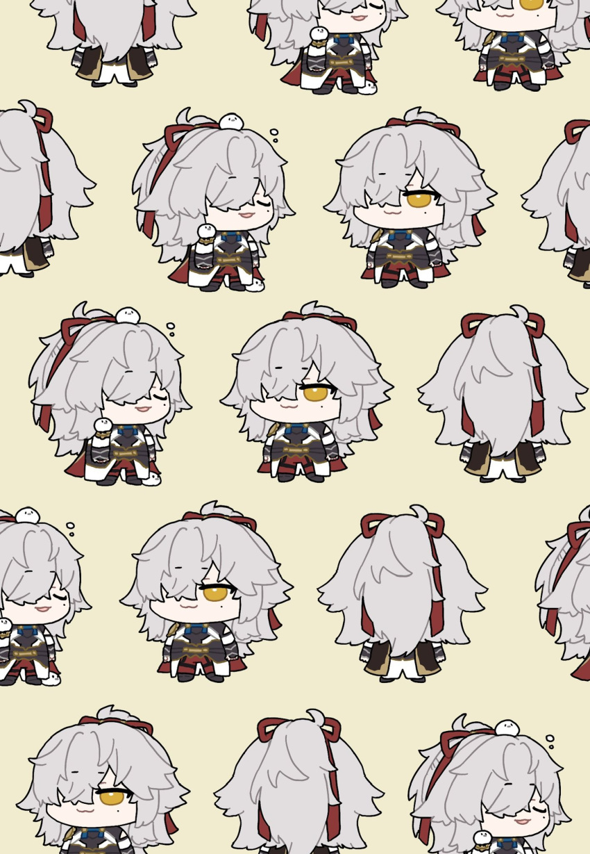 1boy animal animal_on_shoulder armor bird bird_on_shoulder chibi chinese_clothes closed_eyes closed_mouth full_body hairband high_ponytail highres honkai:_star_rail honkai_(series) jing_yuan long_hair male_focus mole mole_under_eye omochi_binta open_mouth ponytail red_hairband simple_background smile white_hair yellow_background yellow_eyes