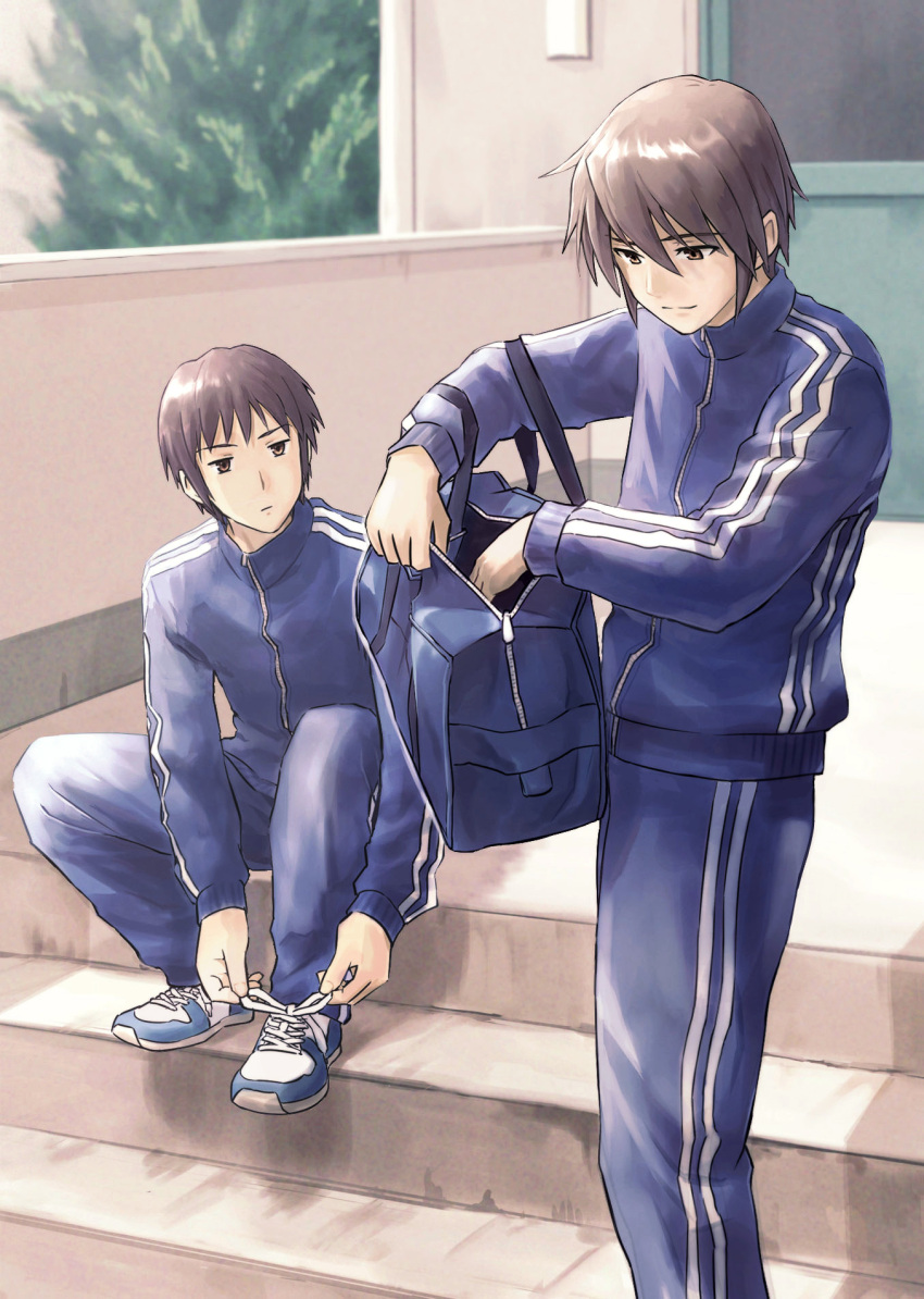 2boys bag blue_footwear brown_eyes brown_hair commentary_request gym_uniform highres holding holding_bag ishiyuki jacket koizumi_itsuki kyon long_sleeves looking_at_another looking_down male_focus multiple_boys outdoors pants revision school_bag shoes short_hair sitting smile sneakers stairs standing suzumiya_haruhi_no_yuuutsu track_jacket track_pants track_suit tying_footwear