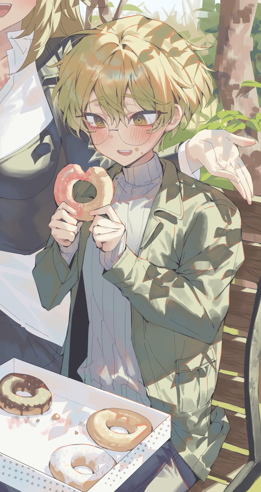 1boy 1girl absurdres bench blonde_hair blush character_request cowboy_shot devy_lobotomy doughnut eating food glasses highres jacket limbus_company open_mouth outdoors project_moon short_hair sinclair_(limbus_company) sitting solo_focus sweater yellow_eyes