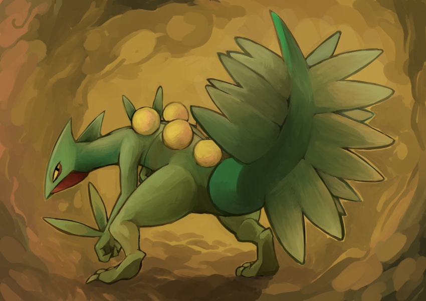 cave_interior closed_mouth commentary_request full_body half-closed_eyes hunched_over looking_back no_humans pokemon pokemon_(creature) rightorisamraido3 sceptile solo squatting yellow_eyes