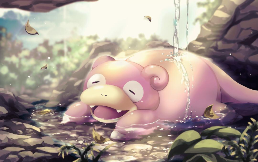 animal_focus closed_mouth dripping falling_leaves haineko_05 leaf leaf_on_liquid light_particles no_humans nostrils open_mouth outdoors partially_submerged plant pokemon pokemon_(creature) ripples slowpoke solo water