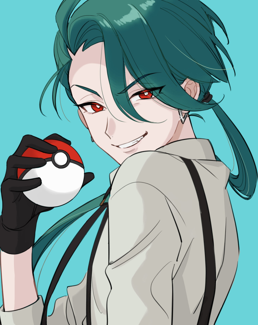 1girl absurdres androgynous aqua_background black_gloves black_necktie bright_pupils collared_shirt earrings gloves green_hair grey_shirt grin highres holding holding_poke_ball jewelry long_hair necktie poke_ball poke_ball_(basic) pokemon pokemon_(game) pokemon_sv ponytail red_eyes rika_(pokemon) shirt simple_background smile solo suspenders white_pupils