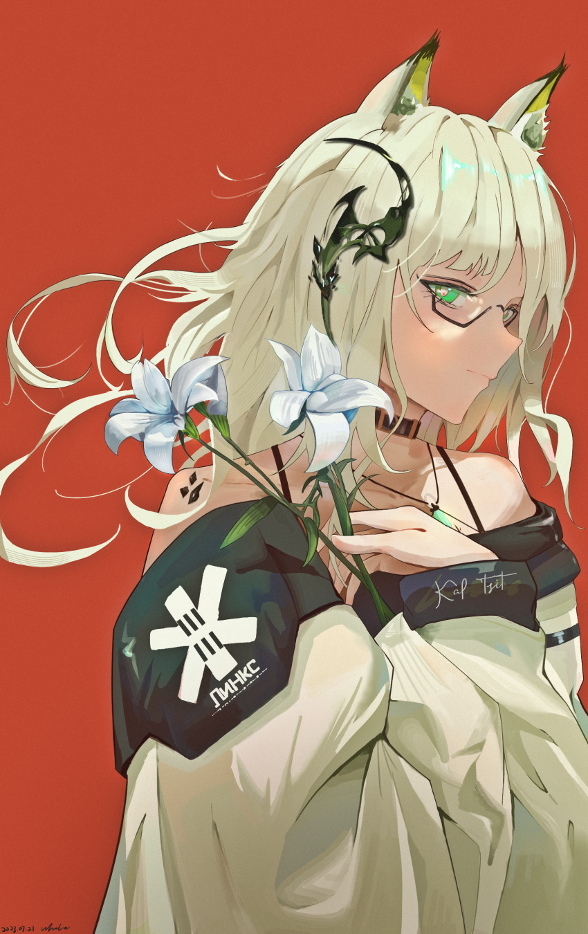 1girl 243483100 absurdres animal_ear_fluff animal_ears arknights bare_shoulders cat_ears choker closed_mouth collarbone dress flower glasses green_eyes green_hair green_jacket hair_ornament highres holding holding_flower jacket kal'tsit_(arknights) long_hair long_sleeves looking_at_viewer off-shoulder_dress off-shoulder_jacket off_shoulder oripathy_lesion_(arknights) red_background short_hair simple_background smile solo tail upper_body