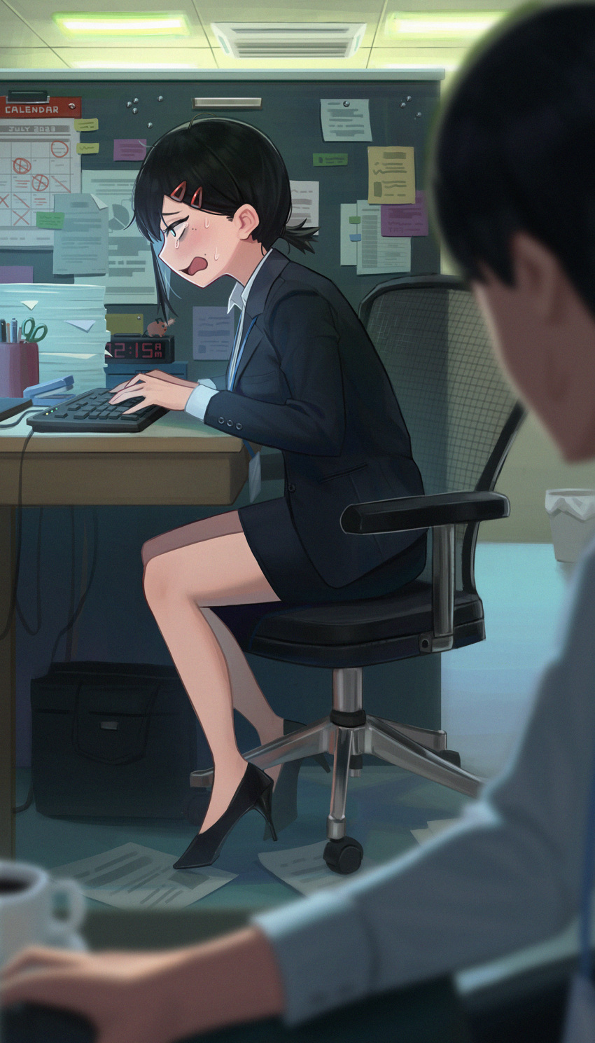 1boy 1girl black_hair blurry blurry_foreground business_suit chainsaw_man chair coat fatzhai hair_ornament hairclip higashiyama_kobeni high_heels highres id_card keyboard_(computer) lanyard looking_at_another looking_at_object looking_to_the_side office office_chair office_lady open_mouth overcoat pencil_skirt short_hair short_ponytail single_sidelock skirt skirt_suit solo_focus suit sweat swivel_chair
