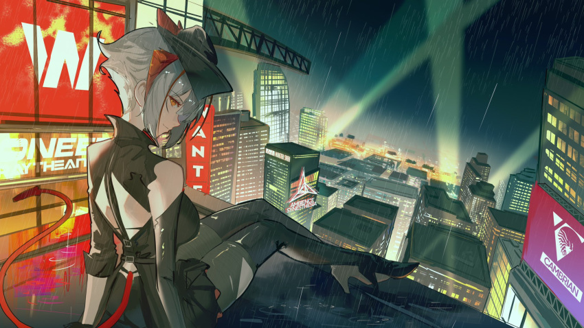 1girl ambience_synesthesia antenna_hair antennae arknights back backless_outfit bare_shoulders black_gloves black_skirt boots breasts building city cityscape crane_(machine) demon_girl demon_horns demon_tail elbow_gloves gloves grey_hair highres horns knee_boots looking_at_viewer looking_back naoel_(naoel_art) night night_sky on_roof outdoors pantyhose projector rain red_eyes redhead short_hair sitting skirt sky skyscraper smile solo tail w_(arknights)