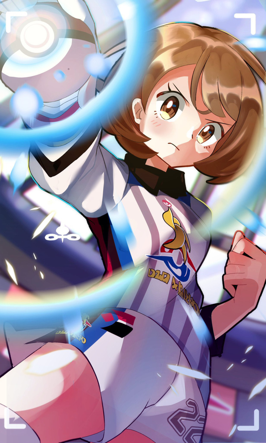 &gt;:( 1girl bob_cut brown_eyes brown_hair clenched_hand closed_mouth collared_shirt dynamax_ball dynamax_band gloria_(pokemon) gloves gym_challenge_uniform highres holding holding_poke_ball light_blush looking_at_viewer outstretched_arm parted_bangs poke_ball poke_ball_(basic) pokemon pokemon_(game) pokemon_swsh record serious shirt short_hair shorts side_slit side_slit_shorts single_glove solo stadium thigh-highs thighs umiru v-shaped_eyebrows viewfinder white_gloves white_shirt white_shorts white_thighhighs white_wristband
