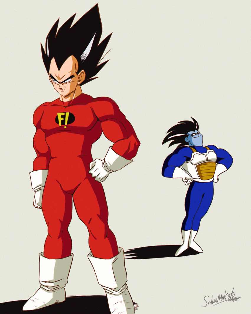 2boys absurdres black_eyes black_hair blue_skin bodysuit boots colored_skin commentary_request cosplay costume_switch crossover dragon_ball dragon_ball_z freakazoid freakazoid! freakazoid_(cosplay) frown furrowed_brow gloves hand_on_own_hip highres male_focus multiple_boys muscular muscular_male red_bodysuit salvamakoto signature smile spanish_commentary sweatdrop vegeta vegeta_(cosplay) white_footwear white_gloves widow's_peak