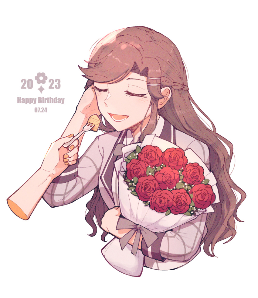 2girls baumkuchen bouquet braid brown_hair cake cake_slice closed_eyes collared_shirt commentary cropped_torso dated disembodied_limb feeding fingernails flower food fork french_braid grey_jacket hair_ornament hair_tucking hairclip hands_up happy_birthday highres holding holding_bouquet holding_fork jacket light_blush long_hair long_sleeves lower_teeth_only multiple_girls nail_polish official_alternate_costume official_alternate_hairstyle open_mouth parted_bangs red_flower red_rose rickonrk rose shirt shoujo_kageki_revue_starlight shoujo_kageki_revue_starlight_-re_live- sidelocks simple_background smile solo_focus teeth tendou_maya upper_body wavy_hair white_background white_shirt yellow_nails