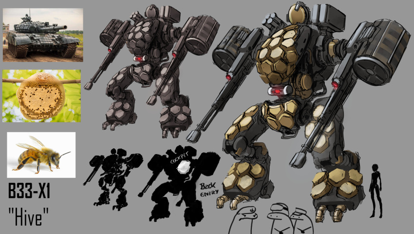 1boy 1girl arm_cannon bee beehive bug character_name comparison concept_art english_commentary florks haonfest highres hive leaf mecha military_vehicle missile_pod motor_vehicle original photo-referenced photo_(medium) reactive_armor robot science_fiction sketch tank variations walker weapon