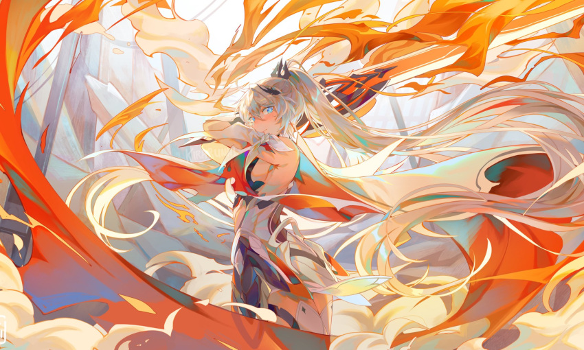 1girl armor bare_shoulders blue_eyes breasts closed_mouth crown detached_sleeves english_commentary fire high_ponytail highres holding holding_sword holding_weapon honkai_(series) honkai_impact_3rd kiana_kaslana kiana_kaslana_(herrscher_of_flamescion) kirabunni long_hair looking_at_viewer ponytail sideboob solo standing sword thigh-highs very_long_hair weapon white_armor white_hair white_thighhighs