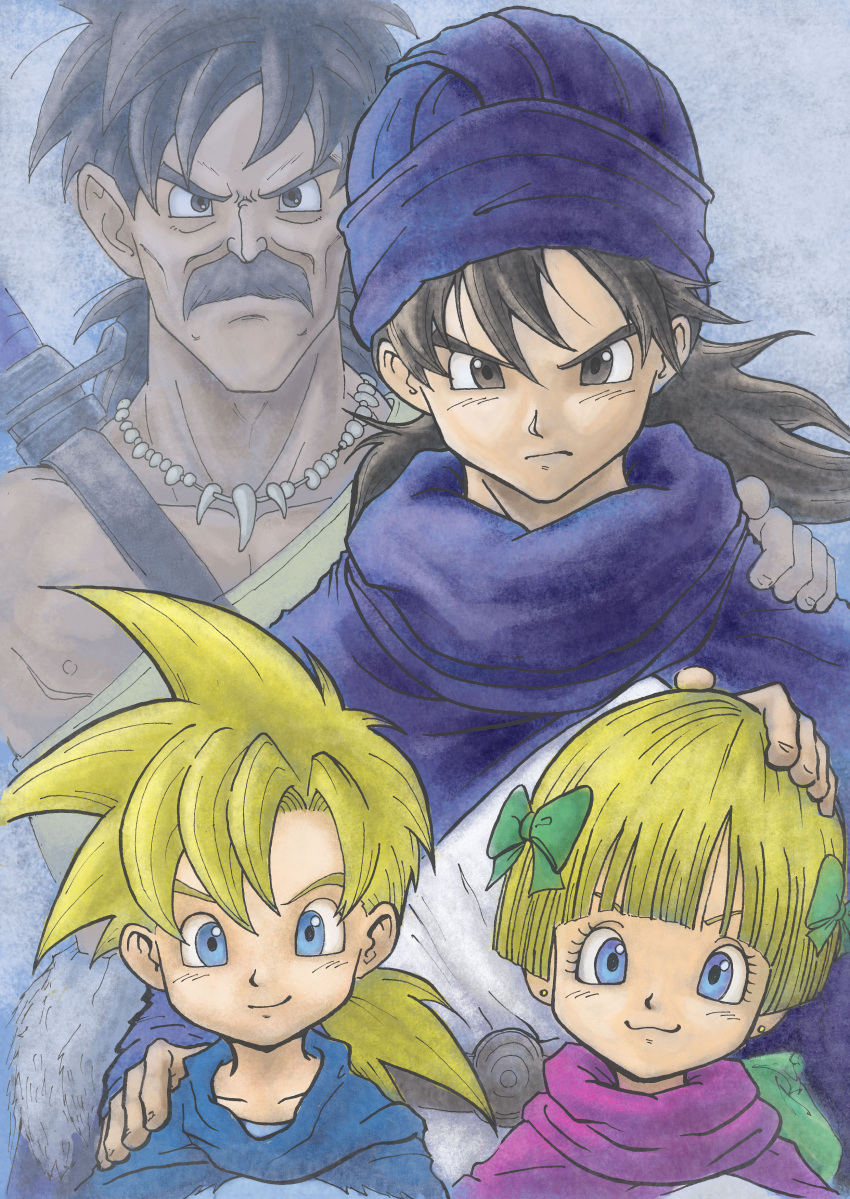 1girl 3boys :3 absurdres asymmetrical_sleeves black_eyes black_hair blonde_hair blue_cloak blue_eyes blunt_bangs bow chabezou cloak closed_mouth collarbone commentary_request dragon_quest dragon_quest_v earrings facial_hair father_and_daughter father_and_son female_child green_bow hair_bow hand_on_another's_head hand_on_another's_shoulder hero's_daughter_(dq5) hero's_son_(dq5) hero_(dq5) highres jewelry long_hair looking_at_viewer low_ponytail male_child multiple_boys mustache necklace papas pink_cloak purple_cloak purple_headwear serious short_hair siblings smile spiky_hair stud_earrings sword tooth_necklace turban twins weapon weapon_on_back