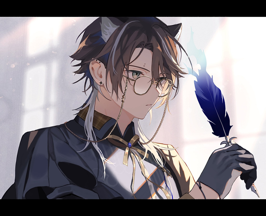 1boy animal_ears arknights bishounen black_gloves brown_hair cat_boy cat_ears ear_piercing from_side glasses gloves green_eyes highres hishoti_cheese holding holding_quill male_focus piercing playwright_(arknights) quill short_hair solo upper_body