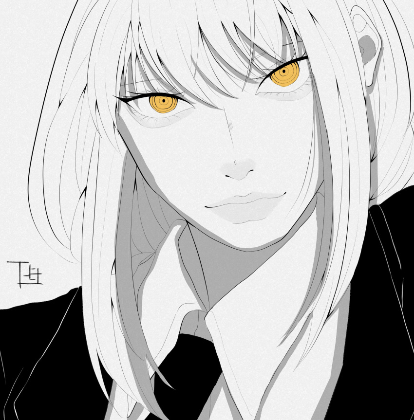 1girl absurdres black_suit chainsaw_man closed_mouth gcj highres lineart long_hair looking_at_viewer makima_(chainsaw_man) monochrome necktie simple_background smile solo solo_focus suit white_background yellow_eyes
