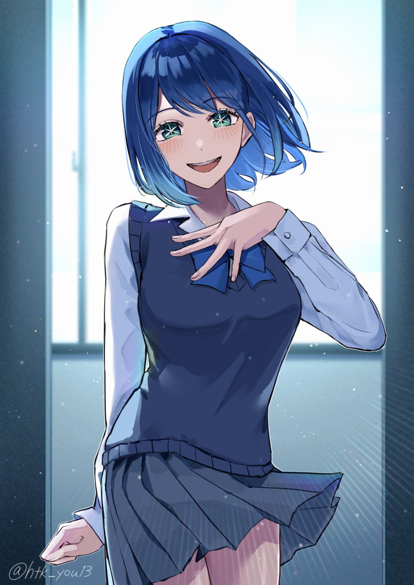 1girl aqua_eyes black_sweater_vest blue_bow blue_bowtie blue_hair blurry blush bow bowtie breasts collared_shirt commentary cowboy_shot depth_of_field dress_shirt floating_hair grey_skirt highres htk_you13 indoors kurokawa_akane lens_flare light_particles long_sleeves looking_at_viewer medium_breasts medium_hair open_mouth oshi_no_ko pleated_skirt school_uniform shirt skirt smile solo star-shaped_pupils star_(symbol) sweater_vest symbol-shaped_pupils teeth twitter_username upper_teeth_only white_shirt