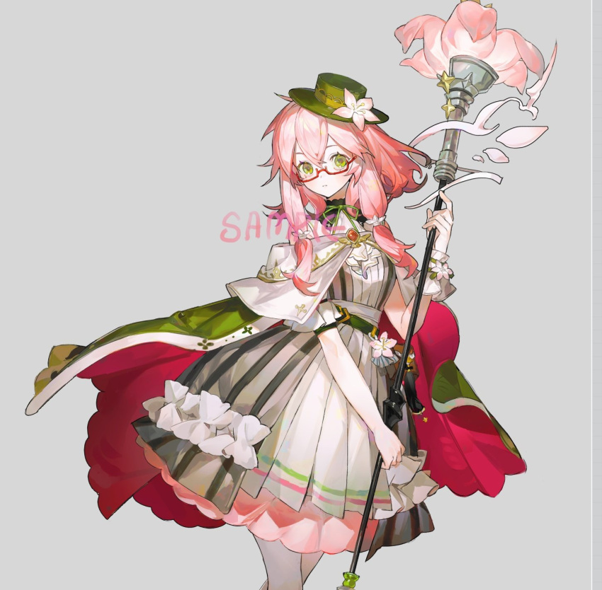 1girl blush cape closed_mouth dress flower green_cape green_headwear green_ribbon grey_background hair_between_eyes hair_flower hair_ornament happybiirthd hat highres holding holding_staff knot looking_at_viewer medium_hair original pink_flower pink_hair red_cape ribbon sample_watermark short_sleeves sidelocks simple_background solo staff standing yellow_eyes