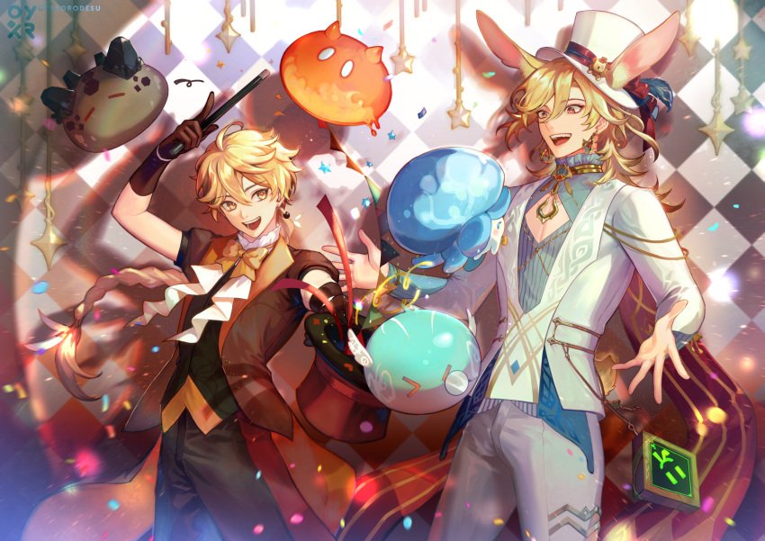 &gt;_&lt; 2boys :d ^_^ aether_(genshin_impact) animal_ear_fluff animal_ears arm_up artist_name black_vest blonde_hair blue_shirt blush bow bowtie braid braided_ponytail brown_gloves brown_jacket cape cleavage_cutout closed_eyes clothing_cutout coattails commentary confetti cowboy_shot earrings english_commentary eyelashes feathers floating_hair frilled_shirt frills fungi_(genshin_impact) genshin_impact gloves hair_between_eyes hand_up hat hat_feather hat_ornament hat_ribbon highres holding holding_wand jacket jewelry kaveh_(genshin_impact) long_hair long_sleeves looking_at_another magic_trick male_focus multiple_boys necklace open_clothes open_jacket open_mouth oyakorodesu pants parted_bangs rabbit_boy rabbit_ears rabbit_tail red_cape red_eyes red_ribbon ribbon shirt short_sleeves sidelocks single_braid single_earring slime_(genshin_impact) smile sparkle spotlight standing star_(symbol) streamers tail teeth tongue top_hat upper_teeth_only very_long_hair vest wand watermark white_headwear white_jacket white_pants white_shirt yellow_bow yellow_bowtie yellow_eyes