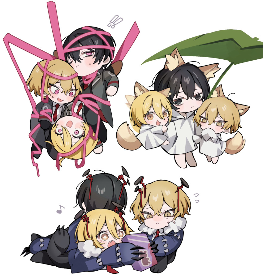 ! !! 1girl 2boys :d animal_ears black_eyes black_hair blonde_hair bob_cut bound box chibi claws coat collared_shirt e.g.o_(project_moon) fox_ears fox_tail highres hurting_teddy_bear leaf_umbrella limbus_company mu46016419 multiple_boys musical_note nail necktie pants pink_hair pink_ribbon pink_shoes_(limbus_company) project_moon red_necktie ribbon shirt short_hair smile star_(symbol) stitches tail tears thread tied_up_(nonsexual) vest white_background white_shirt