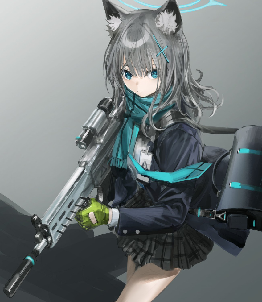 1girl animal_ear_fluff animal_ears assault_rifle bag blue_archive blue_eyes blue_scarf cowboy_shot expressionless grey_background grey_hair grey_skirt gun halo highres holding holding_gun holding_weapon infukun jacket long_hair open_clothes open_jacket plaid plaid_skirt rifle scarf shiroko_(blue_archive) shoulder_bag sig_556 skirt solo weapon wolf_ears