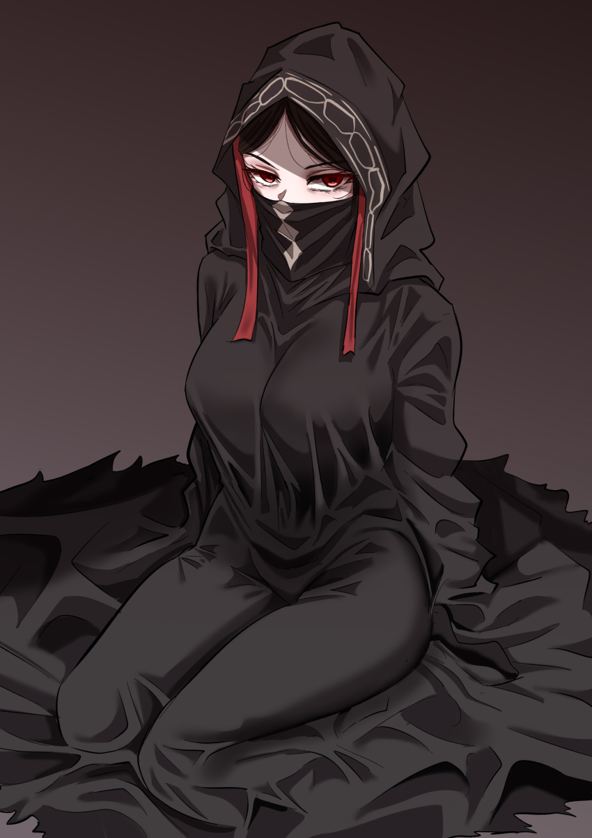 1girl absurdres angry black_cloak breasts cloak fate/strange_fake fate_(series) forehead highres large_breasts legs long_hair looking_at_viewer nakaga_eri no_name_assassin_(fate) red_eyes