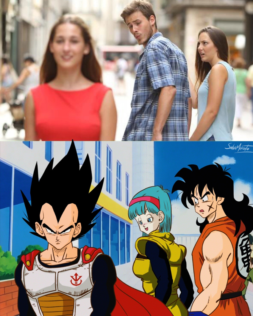 1girl 2boys absurdres anime_coloring black_eyes black_hair blue_eyes blue_hair breasts building bulma cape commentary_request cross_scar distracted_boyfriend_(meme) dougi dragon_ball dragon_ball_z frown furrowed_brow hairband half-closed_eyes highres medium_breasts meme multiple_boys muscular muscular_male official_style open_mouth photo-referenced photo_inset railing red_cape red_hairband reference_inset saiyan_armor salvamakoto scar scar_on_cheek scar_on_face signature smile spanish_commentary sweatdrop vegeta widow's_peak wristband yamcha
