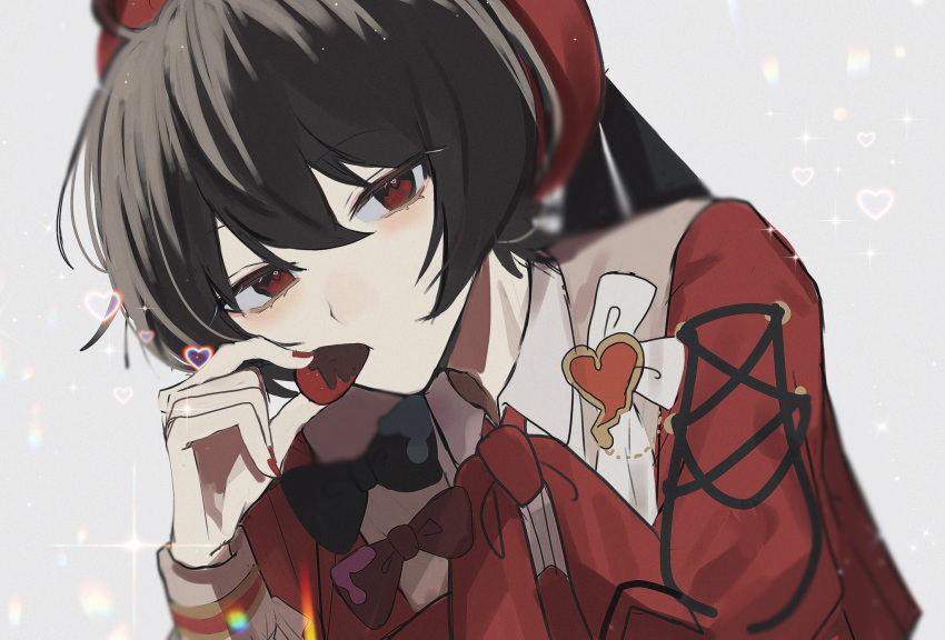 1boy androgynous black_eyes black_hair blurry bow brown_hair chocolate chocolate_strawberry commentary cross-laced_clothes cross-laced_sleeves diffraction_spikes dutch_angle ensemble_stars! food fruit grey_background hair_between_eyes heart highres holding holding_food jacket looking_at_viewer male_focus red_bow red_eyes red_headwear red_jacket red_nails sakuma_ritsu shirt short_hair solo sparkle strawberry symbol-only_commentary two-tone_eyes upper_body white_shirt yukimi_bon