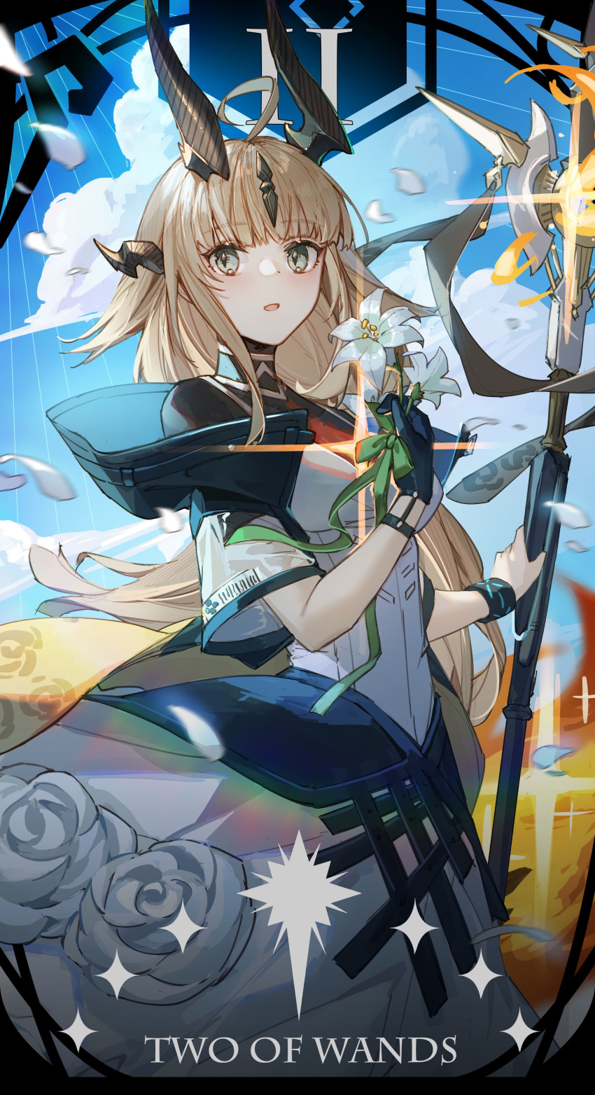 1girl absurdres ahoge arknights black_gloves blonde_hair blue_sky cowboy_shot dragon_girl dragon_horns dress english_text fire flower gloves green_ribbon grey_hair highres holding holding_flower holding_staff horns infection_monitor_(arknights) kotatsu_kaya light_in_heart long_hair looking_at_viewer open_mouth outdoors petals reed_(arknights) reed_the_flame_shadow_(arknights) ribbon roman_numeral short_sleeves single_glove sky solo staff turtleneck very_long_hair white_dress white_flower
