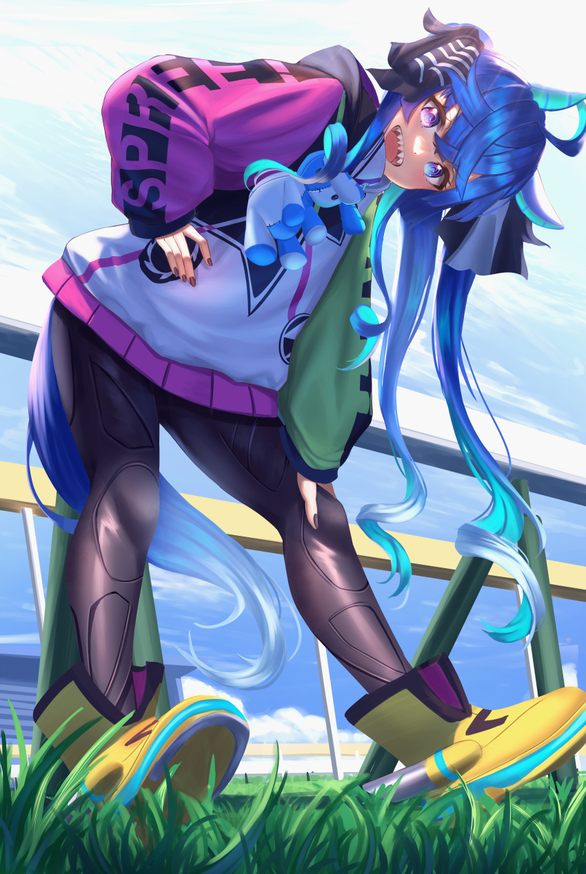 1girl absurdres ahoge animal_ears ankle_boots aqua_hair black_bodysuit black_nails black_ribbon blue_eyes blue_hair blue_sky bodysuit boots clothes_writing clouds cloudy_sky commentary grass hair_ribbon hand_on_own_hip hand_on_own_knee heterochromia highres hood hood_down hooded_coat horse_ears horse_girl horse_tail leaning_forward long_hair long_sleeves looking_at_viewer manjo_(warito) multicolored_coat open_mouth outdoors racetrack railing ribbon sharp_teeth sidelocks sky smile solo standing stuffed_animal stuffed_rabbit stuffed_toy tail teeth toes_up twin_turbo_(umamusume) twintails umamusume violet_eyes yellow_footwear