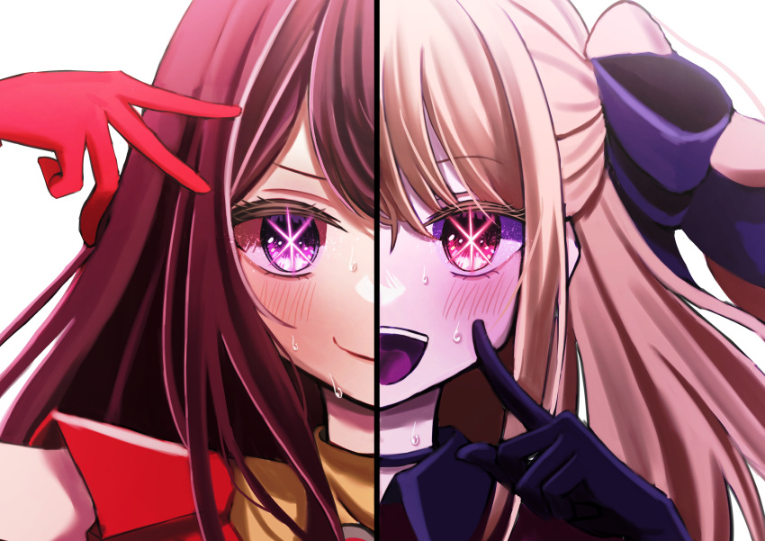 2girls :d absurdres black_choker black_gloves blonde_hair blush choker closed_mouth commentary gloves hair_between_eyes hand_up highres hoshino_ai's_pose hoshino_ai_(oshi_no_ko) hoshino_ruby idol idol_clothes light_particles long_hair looking_at_viewer mother_and_daughter multiple_girls one_side_up open_mouth oshi_no_ko pink_eyes pink_gloves pointing pointing_at_self portrait purple_hair shadow sidelocks simple_background smile split_theme star-shaped_pupils star_(symbol) sweat symbol-shaped_pupils teeth turtleneck upper_teeth_only user_ewdk5585 v violet_eyes white_background