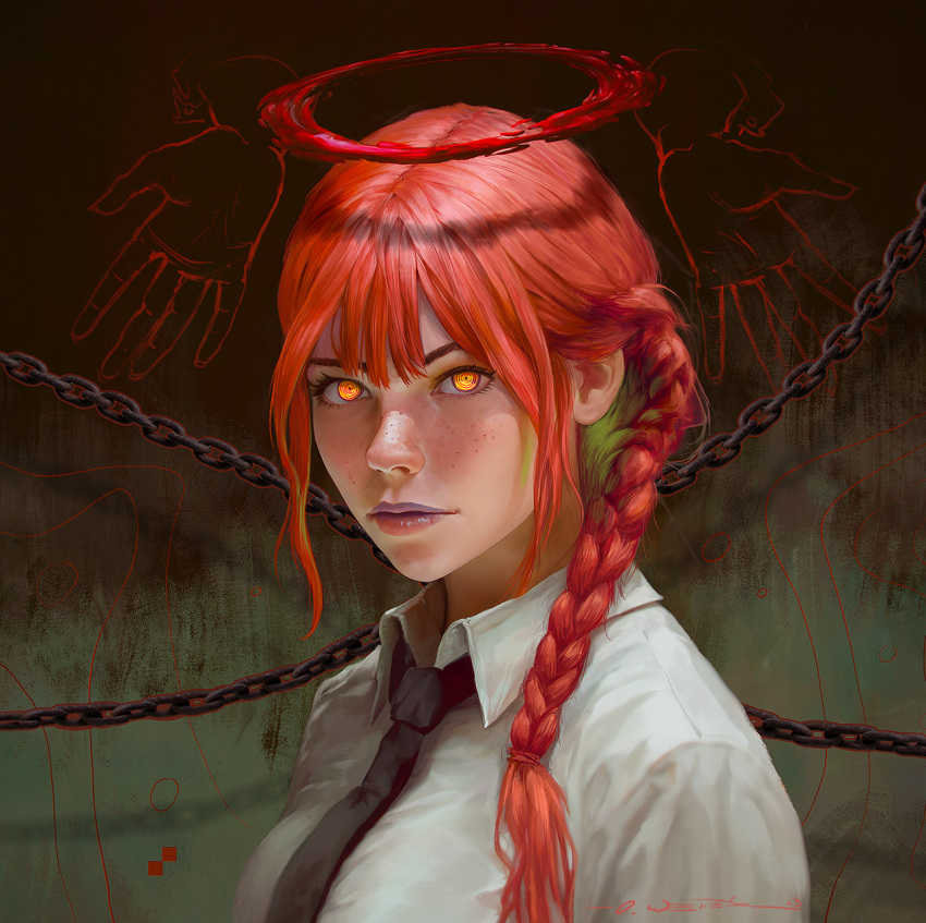 1girl black_necktie blood braid braided_ponytail chain chainsaw_man collared_shirt commentary english_commentary formal freckles halo highres long_hair looking_at_viewer makima_(chainsaw_man) necktie oliver_wetter photoshop_(medium) portrait realistic redhead ringed_eyes shirt solo white_shirt yellow_eyes