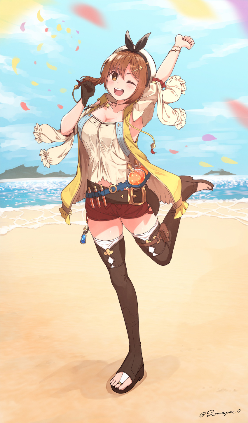 1girl ;d absurdres arm_up atelier_(series) atelier_ryza atelier_ryza_1 beach belt belt_buckle beret black_hairband blue_sky boots bow_hairband bracelet breasts bridal_legwear brown_belt brown_eyes brown_footwear brown_gloves brown_hair buckle commentary_request detached_sleeves falling_petals flask full_body gloves hair_between_eyes hair_ornament hairband hairclip hand_up hat highres holster jacket jewelry leather leather_belt leather_gloves looking_at_viewer medium_breasts midriff_peek necklace ocean one_eye_closed outdoors outstretched_arm petals red_shorts reisalin_stout round-bottom_flask s-masa_7131 shirt short_hair short_shorts shorts sidelocks single_glove sky sleeveless sleeveless_jacket sleeveless_shirt smile solo standing standing_on_one_leg star_(symbol) star_necklace thigh-highs thigh_boots thigh_holster thighhighs_under_boots toeless_footwear toes twitter_username white_headwear white_shirt white_sleeves white_thighhighs yellow_jacket
