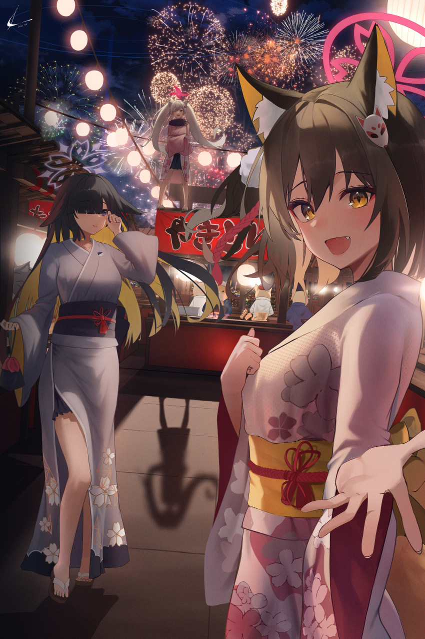 3girls :d absurdres animal_ears black_bloomers black_hair blonde_hair blue_archive blush breasts brown_eyes brown_hair colored_inner_hair crossed_arms fang fireworks floating_hair floral_print food_stand fox_ears fox_girl from_side full_body grey_hair hand_on_own_chest highres izuna_(blue_archive) japanese_clothes kimono long_hair long_sleeves looking_at_viewer luenar medium_breasts michiru_(blue_archive) multicolored_hair multiple_girls night obi open_hand open_mouth outdoors outstretched_arm pink_kimono print_kimono raised_eyebrows reaching reaching_towards_viewer sandals sash side_slit sign smile solo_focus straight_hair string_of_light_bulbs summer_festival tsukuyo_(blue_archive) twintails two-tone_hair very_long_hair white_kimono wide_sleeves yukata