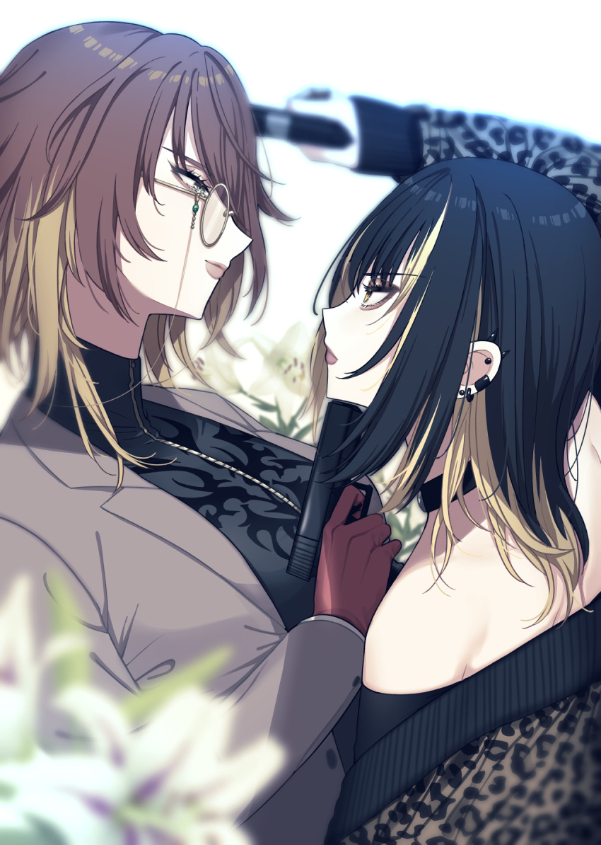2girls aketa_mikoto animal_print arm_up back bare_shoulders bespectacled black_choker black_hair black_shirt blonde_hair blurry blurry_background blurry_foreground breasts brown_hair brown_jacket choker closed_mouth ear_piercing eyewear_strap flower from_side glasses gloves gradient_hair green_eyes gun hand_up highres holding holding_gun holding_weapon idolmaster idolmaster_shiny_colors ikaruga_luca jacket large_breasts leopard_print lily_(flower) long_sleeves looking_at_another maou_(demonlord) medium_hair multicolored_hair multiple_girls off_shoulder open_clothes open_jacket piercing print_jacket print_shirt red_gloves round_eyewear shirt simple_background staring streaked_hair two-tone_hair upper_body weapon white_background white_lily yellow_eyes zipper zipper_pull_tab