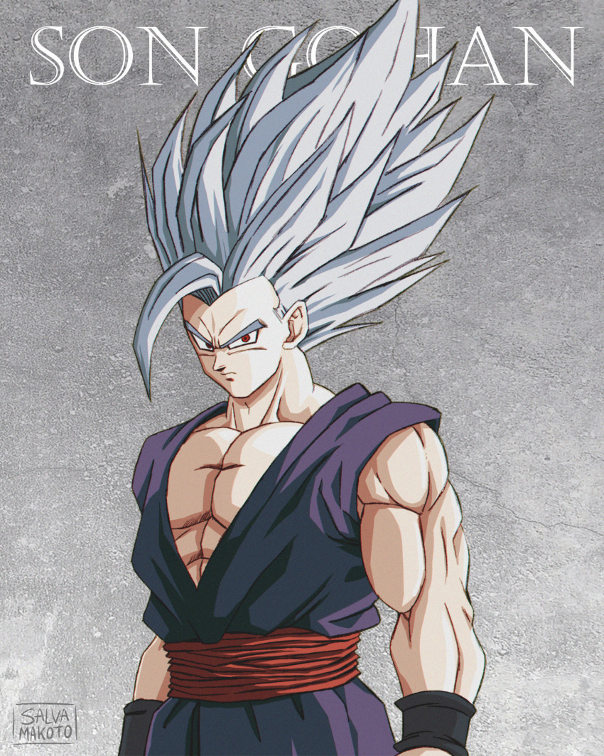 1boy absurdres character_name commentary_request dougi dragon_ball dragon_ball_super dragon_ball_super_super_hero furrowed_brow gohan_beast grey_hair highres long_hair male_focus muscular muscular_male pectorals red_eyes salvamakoto serious signature solo son_gohan spanish_commentary spiky_hair upper_body widow's_peak wristband