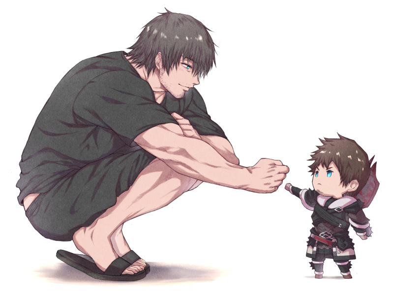 2boys adventurer_(ff14) ardbert_(ff14) armor black_armor black_hair black_shirt black_shorts blue_eyes chibi clenched_hand closed_mouth facial_hair final_fantasy final_fantasy_xiv flip-flops highres hyur looking_at_another male_focus multiple_boys muscular muscular_male sandals shirt short_hair shorts shoulder_armor simple_background smile warrior_of_light_(ff14) weapon weapon_on_back white_background zanki