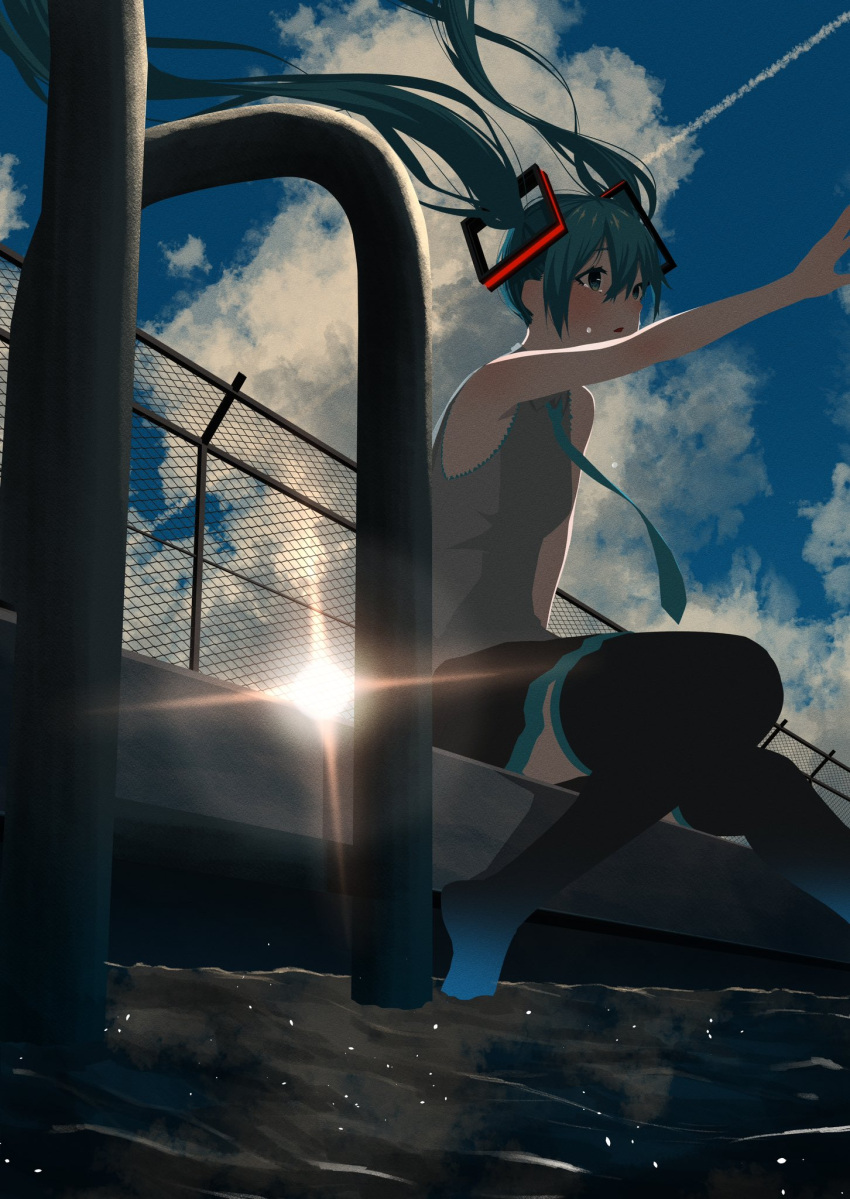 1girl aqua_eyes aqua_hair aqua_necktie backlighting bare_arms bare_shoulders black_skirt black_thighhighs blue_sky clouds commentary crying crying_with_eyes_open day floating_hair floating_neckwear grey_shirt hair_ornament hatsune_miku highres lens_flare light_particles long_hair miniskirt necktie noranucoo outdoors outstretched_arm parted_lips pleated_skirt pool_ladder poolside shirt sitting skirt sky sleeveless sleeveless_shirt soaking_feet solo sun tears thigh-highs twintails very_long_hair vocaloid water yoake_to_hotaru_(vocaloid)